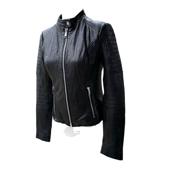 Wilsons Genuine Leather Motor Jacket Black Full Zip Quilted Shoulder Size XS VTG - Picture 2 of 12